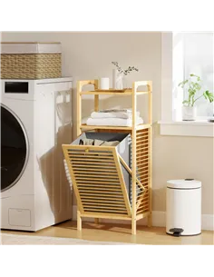 HOMCOM Bamboo Laundry Cabinet with Slatted Door, Bathroom Cabinet with Tilt-Out Hamper and Removable Liner Bag, 40 x 30D x 95 cm 2