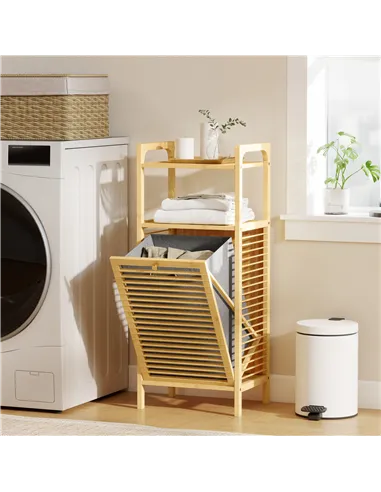 HOMCOM Bamboo Laundry Cabinet with Slatted Door, Bathroom Cabinet with Tilt-Out Hamper and Removable Liner Bag, 40 x 30D x 95 cm