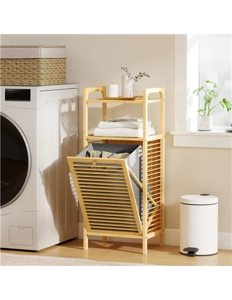 HOMCOM Bamboo Laundry Cabinet with Slatted Door, Bathroom Cabinet with Tilt-Out Hamper and Removable Liner Bag, 40 x 30D x 95 cm