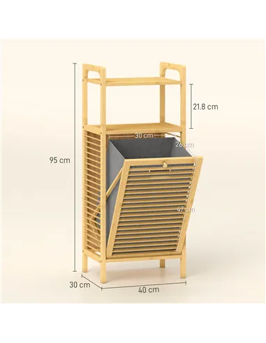 HOMCOM Bamboo Laundry Cabinet with Slatted Door, Bathroom Cabinet with Tilt-Out Hamper and Removable Liner Bag, 40 x 30D x 95 cm