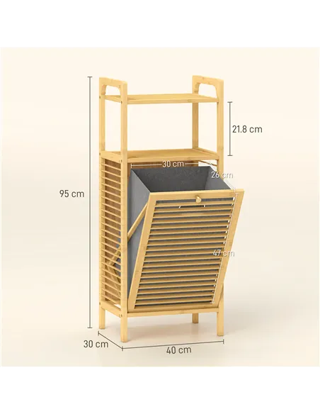 HOMCOM Bamboo Laundry Cabinet with Slatted Door, Bathroom Cabinet with Tilt-Out Hamper and Removable Liner Bag, 40 x 30D x 95 cm