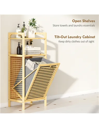 HOMCOM Bamboo Laundry Cabinet with Slatted Door, Bathroom Cabinet with Tilt-Out Hamper and Removable Liner Bag, 40 x 30D x 95 cm