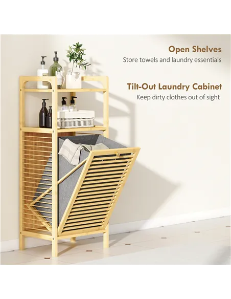 HOMCOM Bamboo Laundry Cabinet with Slatted Door, Bathroom Cabinet with Tilt-Out Hamper and Removable Liner Bag, 40 x 30D x 95 cm