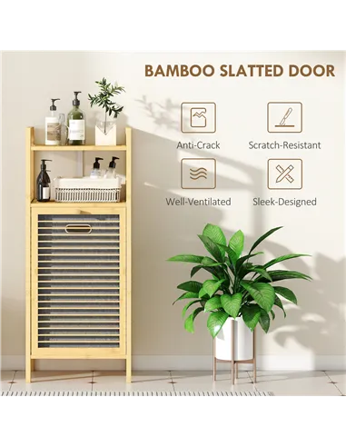 HOMCOM Bamboo Laundry Cabinet with Slatted Door, Bathroom Cabinet with Tilt-Out Hamper and Removable Liner Bag, 40 x 30D x 95 cm