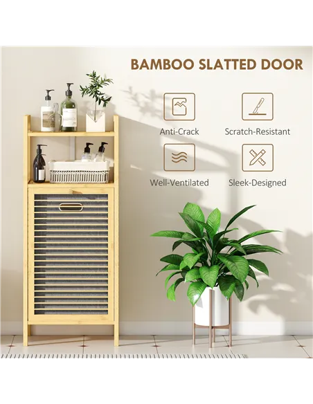HOMCOM Bamboo Laundry Cabinet with Slatted Door, Bathroom Cabinet with Tilt-Out Hamper and Removable Liner Bag, 40 x 30D x 95 cm