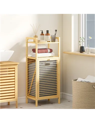 HOMCOM Bamboo Laundry Cabinet with Slatted Door, Bathroom Cabinet with Tilt-Out Hamper and Removable Liner Bag, 40 x 30D x 95 cm