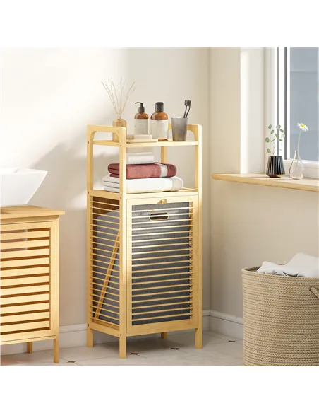 HOMCOM Bamboo Laundry Cabinet with Slatted Door, Bathroom Cabinet with Tilt-Out Hamper and Removable Liner Bag, 40 x 30D x 95 cm