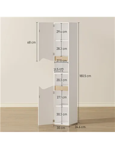 HOMCOM Tall Slim Bathroom Cabinet with 2 Doors, 2 Shelves - White
