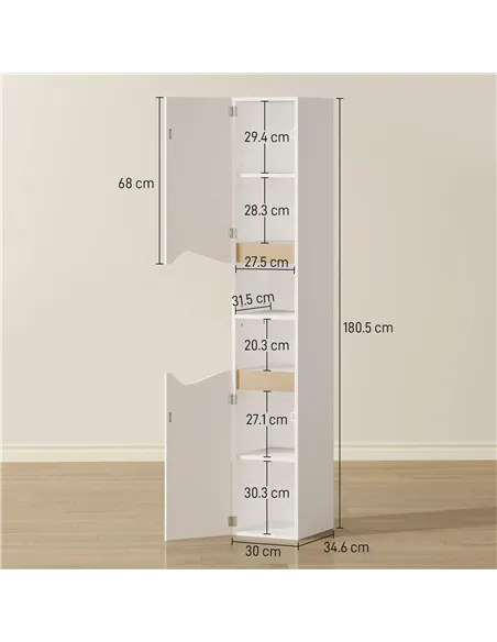 HOMCOM Tall Slim Bathroom Cabinet with 2 Doors, 2 Shelves - White