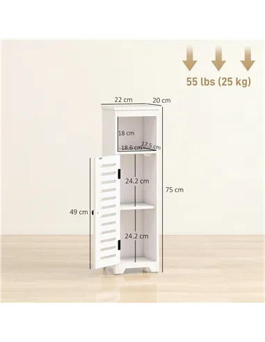 HOMCOM Bathroom Floor Cabinet, Bathroom Storage Unit with Louvered Door, Open Shelf, Adjustable Shelf, White, 22 x 20 x 75 cm