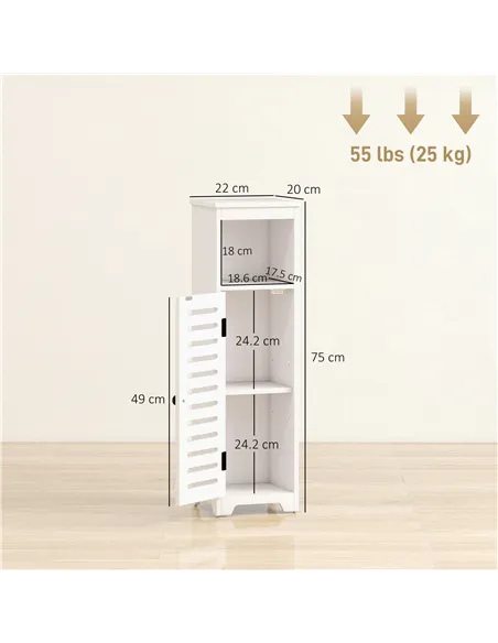 HOMCOM Bathroom Floor Cabinet, Bathroom Storage Unit with Louvered Door, Open Shelf, Adjustable Shelf, White, 22 x 20 x 75 cm