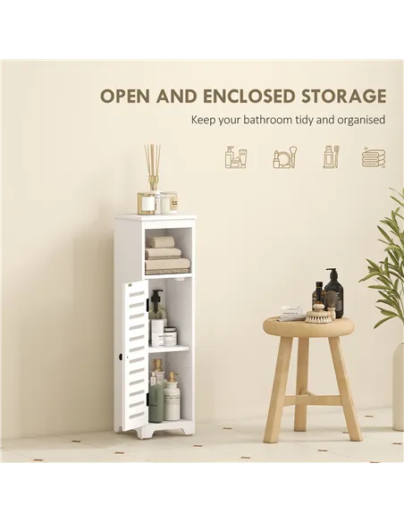 HOMCOM Bathroom Floor Cabinet, Bathroom Storage Unit with Louvered Door, Open Shelf, Adjustable Shelf, White, 22 x 20 x 75 cm
