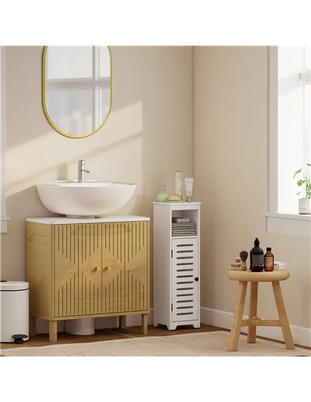 HOMCOM Bathroom Floor Cabinet, Bathroom Storage Unit with Louvered Door, Open Shelf, Adjustable Shelf, White, 22 x 20 x 75 cm