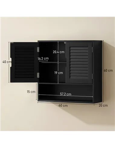 HOMCOM Bathroom Cabinet, Wall Mounted Storage Cabinet with Adjustable Shelves, 60 x 20 x 60 cm, Black
