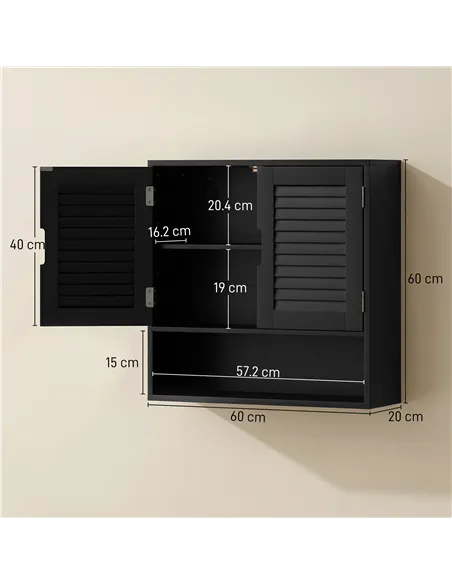 HOMCOM Bathroom Cabinet, Wall Mounted Storage Cabinet with Adjustable Shelves, 60 x 20 x 60 cm, Black