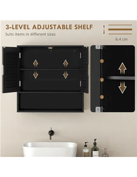 HOMCOM Bathroom Cabinet, Wall Mounted Storage Cabinet with Adjustable Shelves, 60 x 20 x 60 cm, Black