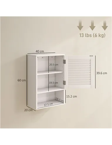 HOMCOM Bathroom Cabinet, Wall Mounted Storage Cabinet with Adjustable Shelves, 40 x 20 x 60 cm, White