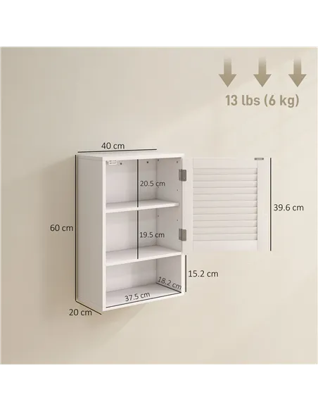 HOMCOM Bathroom Cabinet, Wall Mounted Storage Cabinet with Adjustable Shelves, 40 x 20 x 60 cm, White