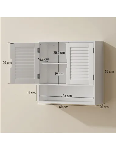 HOMCOM Bathroom Cabinet, Wall Mounted Storage Cabinet with Adjustable Shelves, 60 x 20 x 60 cm, White