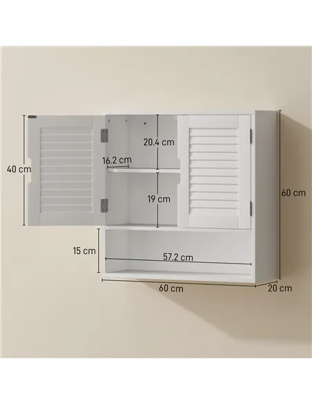 HOMCOM Bathroom Cabinet, Wall Mounted Storage Cabinet with Adjustable Shelves, 60 x 20 x 60 cm, White