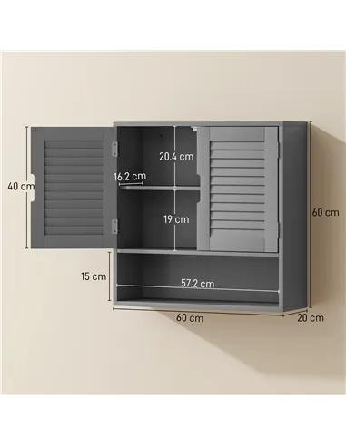 HOMCOM Bathroom Cabinet, Wall Mounted Storage Cabinet with Adjustable Shelves, 60 x 20 x 60 cm, Grey