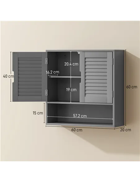 HOMCOM Bathroom Cabinet, Wall Mounted Storage Cabinet with Adjustable Shelves, 60 x 20 x 60 cm, Grey