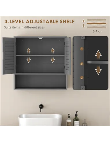 HOMCOM Bathroom Cabinet, Wall Mounted Storage Cabinet with Adjustable Shelves, 60 x 20 x 60 cm, Grey