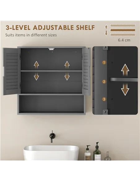 HOMCOM Bathroom Cabinet, Wall Mounted Storage Cabinet with Adjustable Shelves, 60 x 20 x 60 cm, Grey