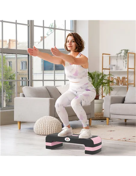 HOMCOM Aerobic Step with 3-Level Adjustable Heights for Home, Office Exercise, Black and Pink