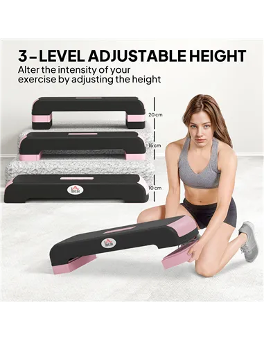 HOMCOM Aerobic Step with 3-Level Adjustable Heights for Home, Office Exercise, Black and Pink