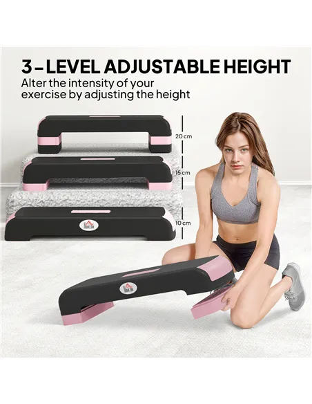 HOMCOM Aerobic Step with 3-Level Adjustable Heights for Home, Office Exercise, Black and Pink