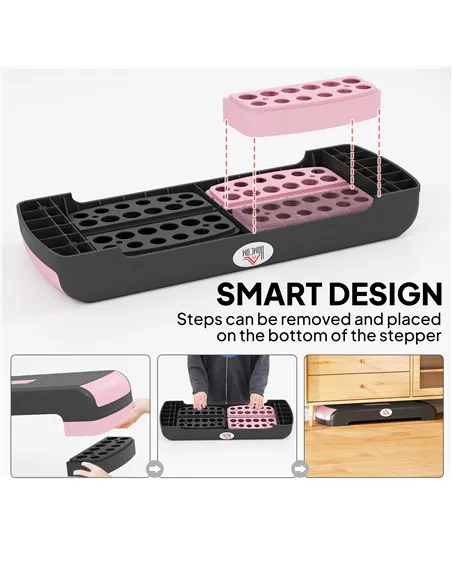 HOMCOM Aerobic Step with 3-Level Adjustable Heights for Home, Office Exercise, Black and Pink