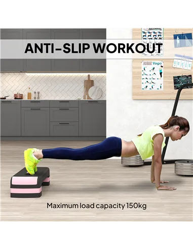 HOMCOM Aerobic Step with 3-Level Adjustable Heights for Home, Office Exercise, Black and Pink