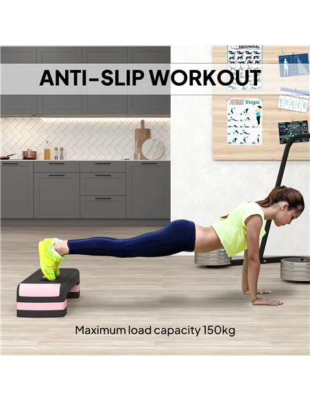 HOMCOM Aerobic Step with 3-Level Adjustable Heights for Home, Office Exercise, Black and Pink