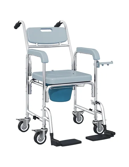 HOMCOM Rolling Shower Wheelchair for Seniors, Bedside Commode Chair with Locking Wheels, Seat, Backrest, Arms, Grey