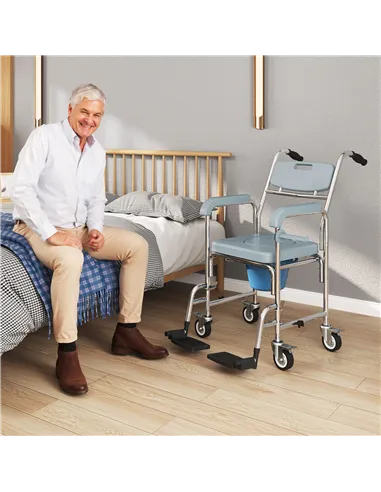 HOMCOM Rolling Shower Wheelchair for Seniors, Bedside Commode Chair with Locking Wheels, Seat, Backrest, Arms, Grey
