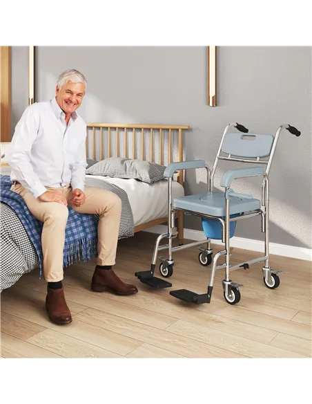 HOMCOM Rolling Shower Wheelchair for Seniors, Bedside Commode Chair with Locking Wheels, Seat, Backrest, Arms, Grey