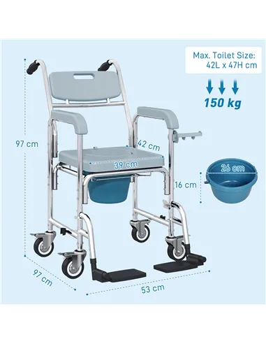 HOMCOM Rolling Shower Wheelchair for Seniors, Bedside Commode Chair with Locking Wheels, Seat, Backrest, Arms, Grey