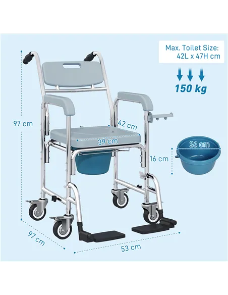 HOMCOM Rolling Shower Wheelchair for Seniors, Bedside Commode Chair with Locking Wheels, Seat, Backrest, Arms, Grey