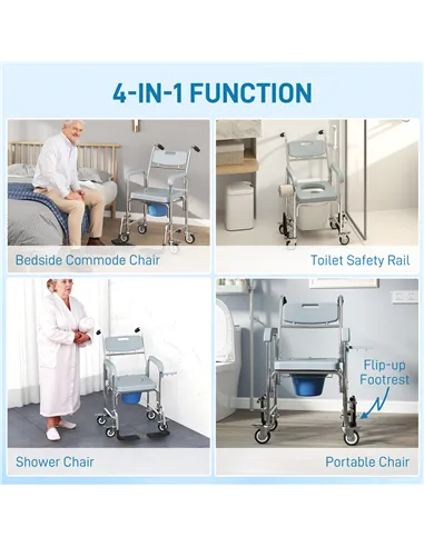 HOMCOM Rolling Shower Wheelchair for Seniors, Bedside Commode Chair with Locking Wheels, Seat, Backrest, Arms, Grey