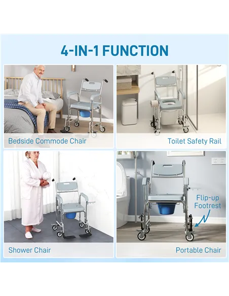 HOMCOM Rolling Shower Wheelchair for Seniors, Bedside Commode Chair with Locking Wheels, Seat, Backrest, Arms, Grey