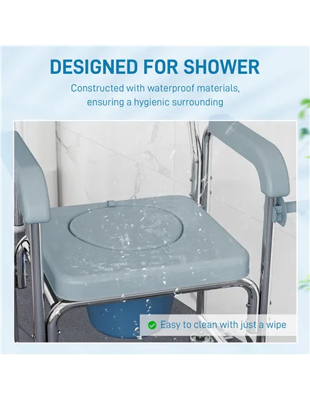 HOMCOM Rolling Shower Wheelchair for Seniors, Bedside Commode Chair with Locking Wheels, Seat, Backrest, Arms, Grey