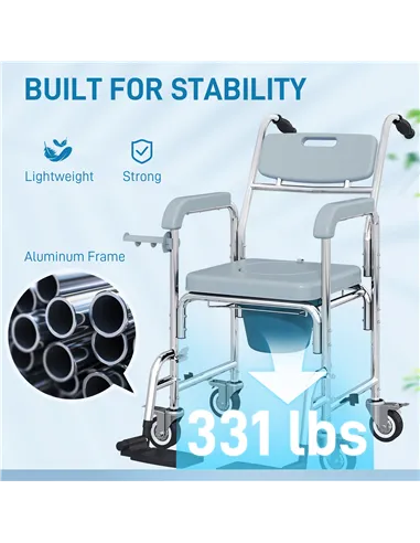 HOMCOM Rolling Shower Wheelchair for Seniors, Bedside Commode Chair with Locking Wheels, Seat, Backrest, Arms, Grey