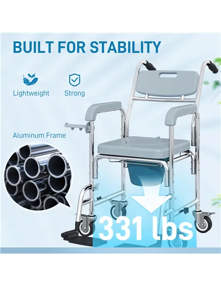 HOMCOM Rolling Shower Wheelchair for Seniors, Bedside Commode Chair with Locking Wheels, Seat, Backrest, Arms, Grey