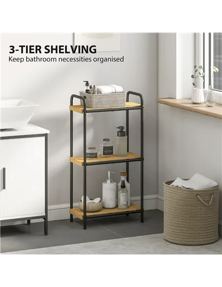 HOMCOM 3-Tier Bamboo Bathroom Storage Shelf, Freestanding Narrow Shelving Unit with Slatted Shelves for Kitchen Bathroom Living 