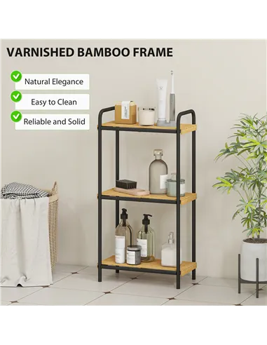 HOMCOM 3-Tier Bamboo Bathroom Storage Shelf, Freestanding Narrow Shelving Unit with Slatted Shelves for Kitchen Bathroom Living 