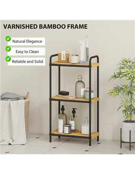 HOMCOM 3-Tier Bamboo Bathroom Storage Shelf, Freestanding Narrow Shelving Unit with Slatted Shelves for Kitchen Bathroom Living 