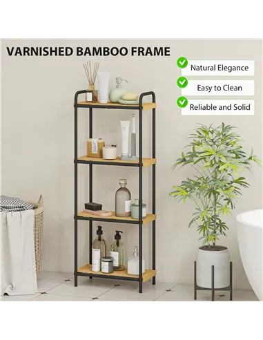 HOMCOM 4-Tier Bamboo Bathroom Storage Shelf, Freestanding Narrow Shelving Unit with Slatted Shelves for Kitchen Bathroom Living 