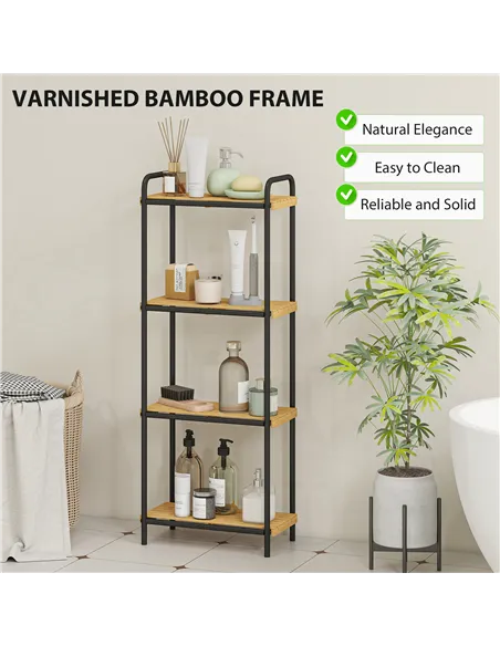 HOMCOM 4-Tier Bamboo Bathroom Storage Shelf, Freestanding Narrow Shelving Unit with Slatted Shelves for Kitchen Bathroom Living 
