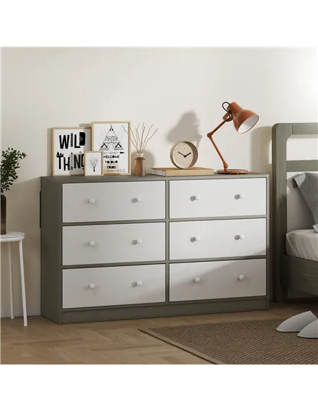 HOMCOM Chest of Drawers, Dresser with 6 Fabric Drawers - White and Grey